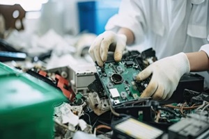 techie sorting e-waste, separating recyclable materials and removing hazardous materials