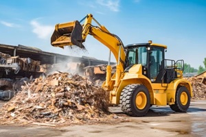 wheel loader with lifted scrap grapple moving a pile of garbage on construction site