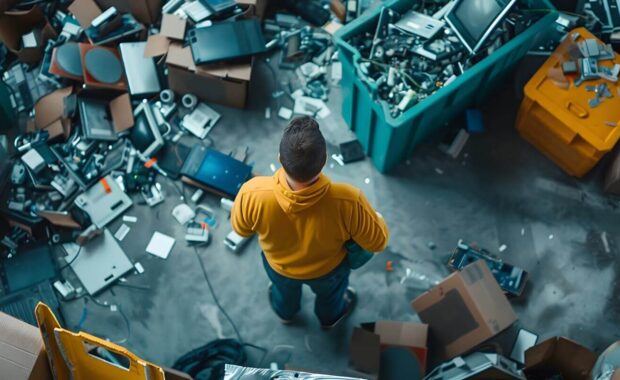 Baltimore resident sorting through ewaste separating recyclables and removing hazardous materials in a tech recycling facility